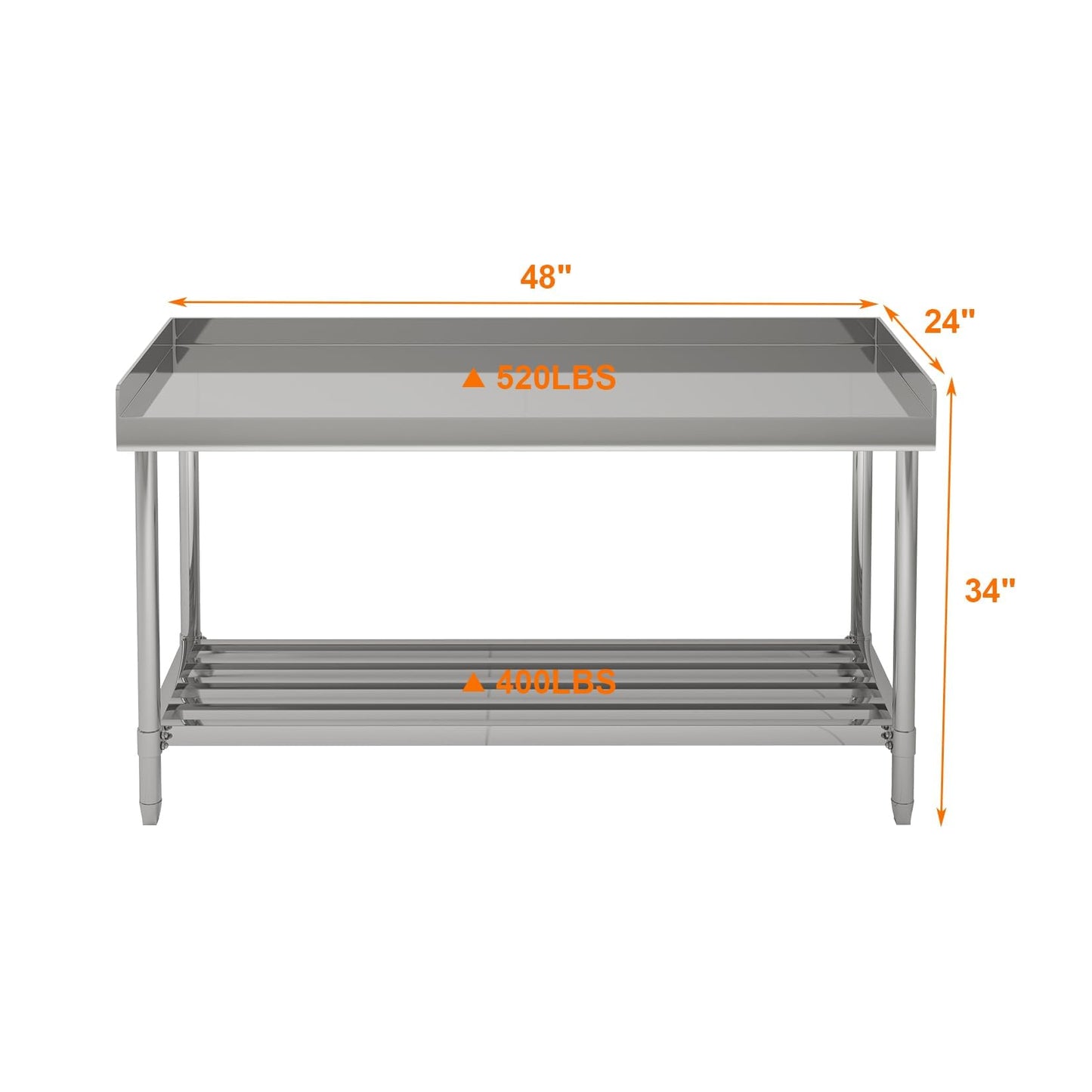 Garvee 48x24 in NSF Stainless Steel Table with Backsplash – Commercial Kitchen Prep Table for Restaurant, Home & Hotel, Heavy-Duty Workstation with Adjustable Undershelf & Splash Guard