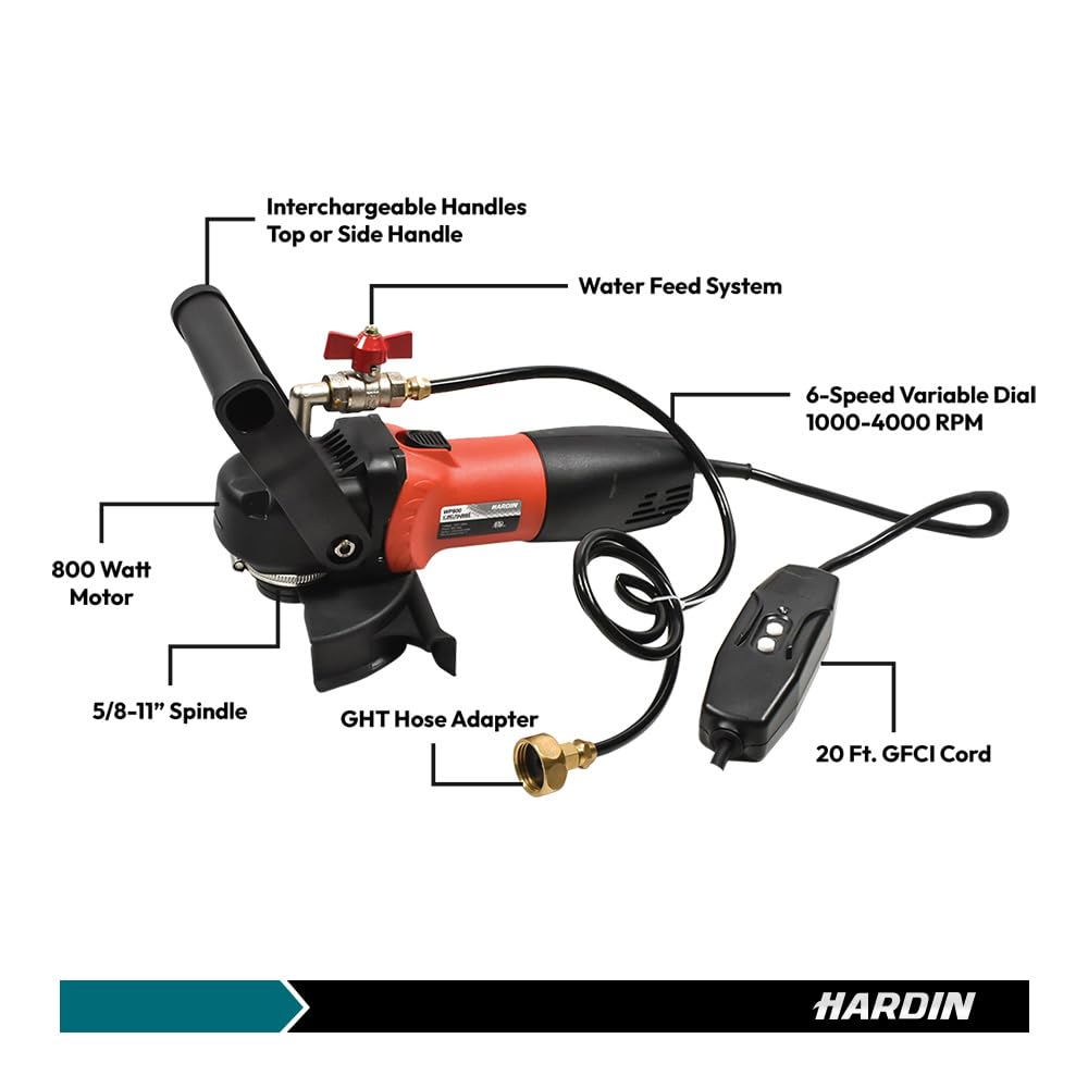 Hardin 4" & 5" Variable Speed Wet Polisher and Grinder – 800W 120V, 1000–4000 RPM, Water Feed System with Brass Valve, GFCI Cord for Granite, Marble, Stone, and Concrete Fabrication