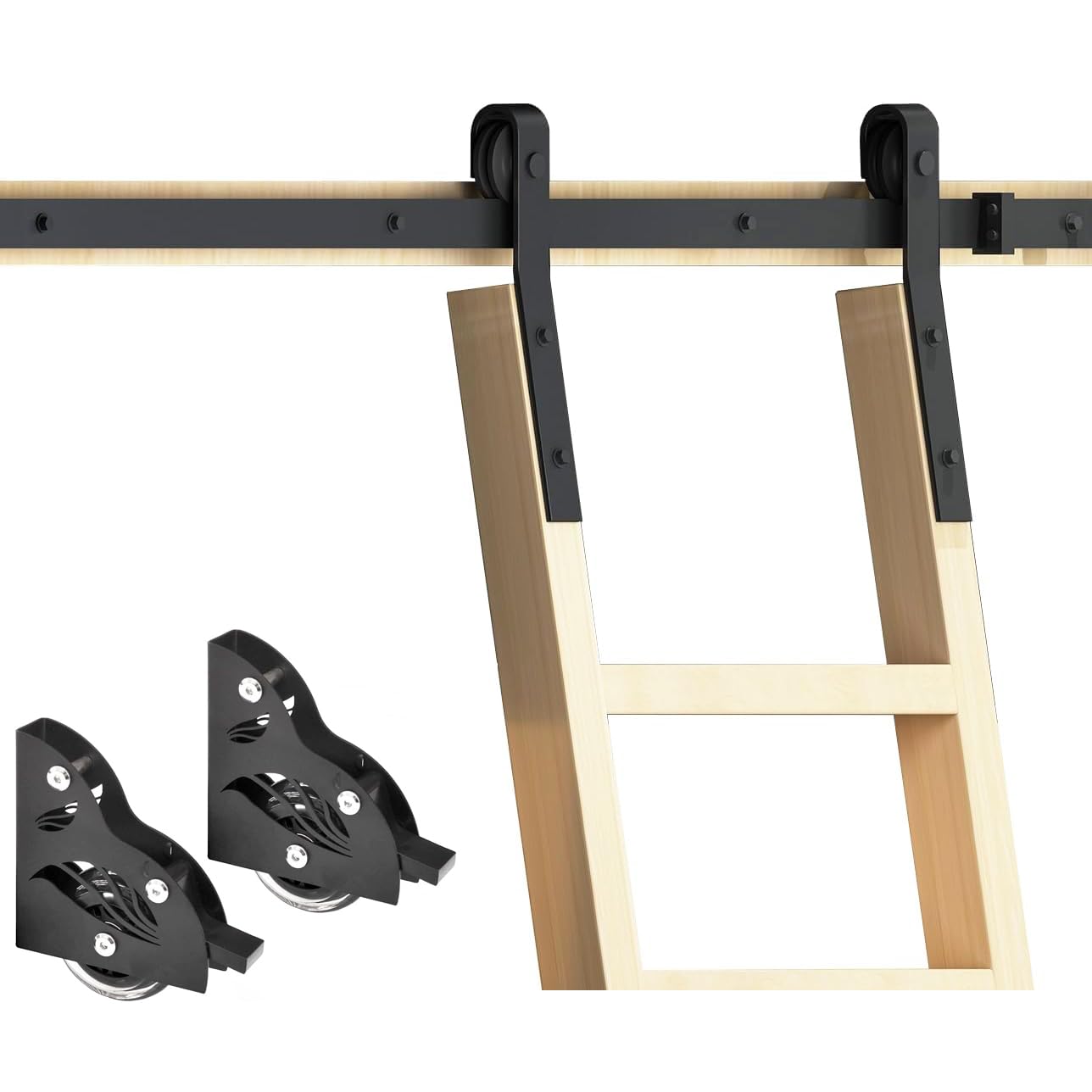 DIYHD 16FT Rustic Black Sliding Library Ladder Hardware,Bottom Wheel with Brake (No Ladder)