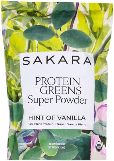 SAKARA Protein + Greens Super Powder ??30 Servings, Organic Plant-Based Blend with Hemp, Pumpkin, Pea Protein, Wheatgrass & Spirulina, Vegan Superfood Drink Mix