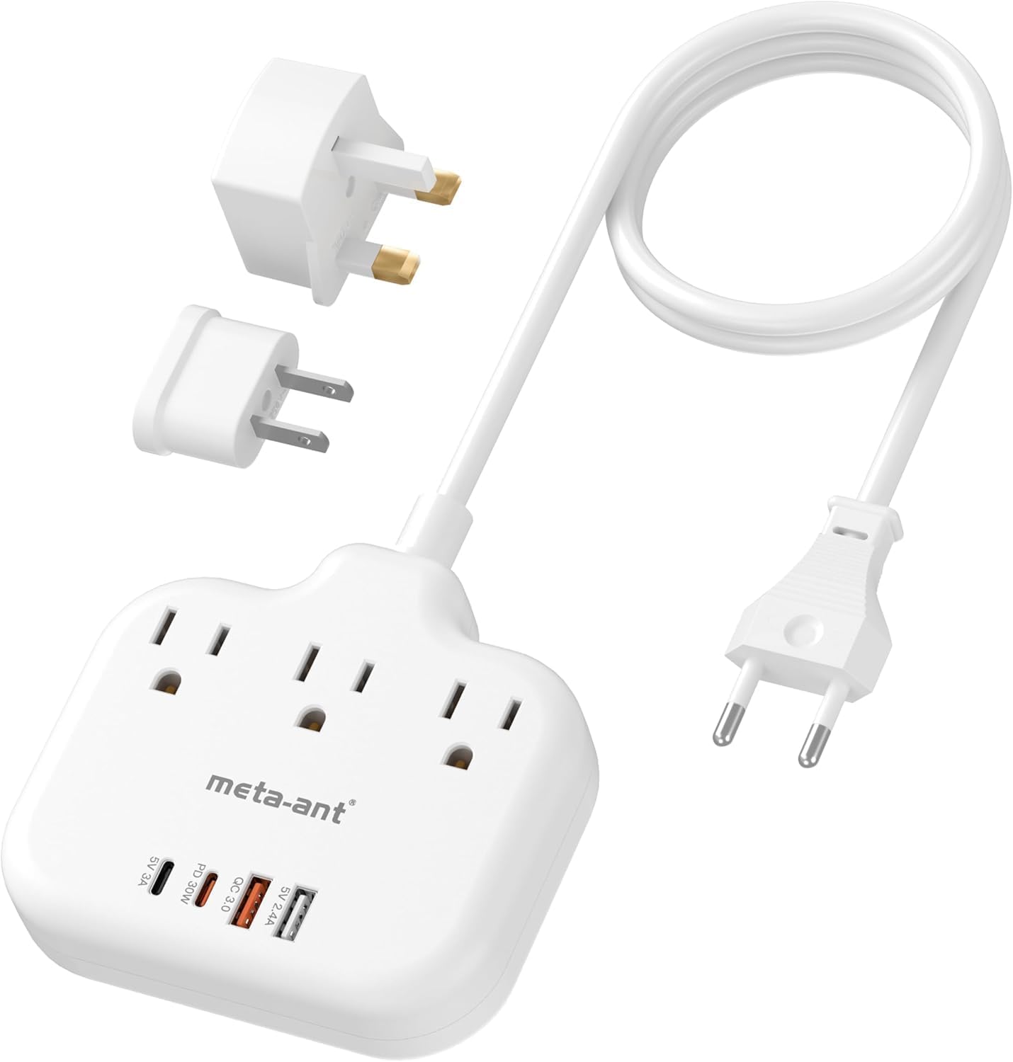 meta-ant PD30W 3 2 2 3ft European Travel Plug Adapter, International Power Adapter with Outlets USB-C and USB-A Fast