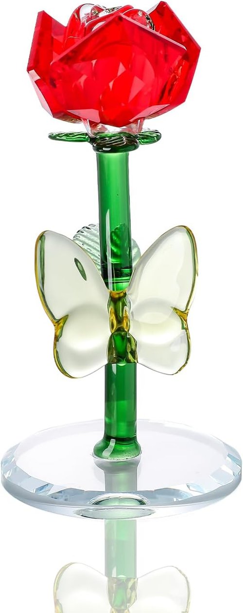 LONGWIN Crystal Red Rose Flower Figurine - Elegant Glass Spring Bouquet Home Decor Gift for Her
