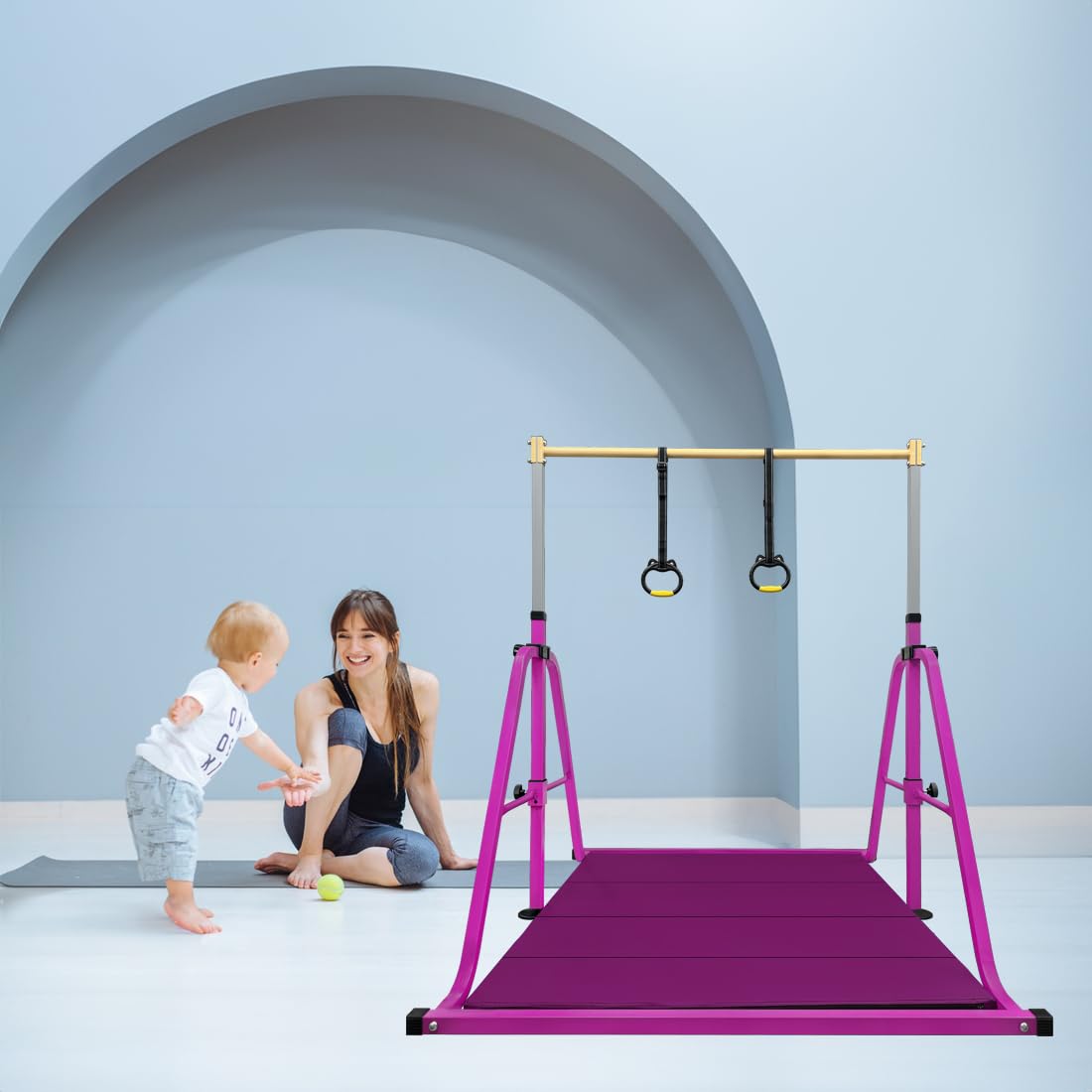 Peakpath Foldable Gymnastics Kip Bar with Mat and Ring Set,3' to 5' Height Adjustable,Kids Gymnastic Equipment for Ages 3-15,Indoor and Home Training- Max Load 350LBS