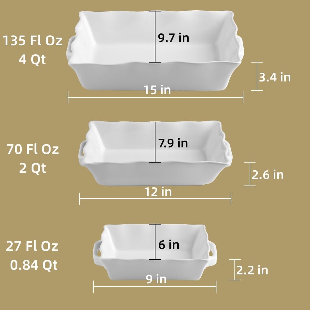 Sweejar Casserole Dishes - Ceramic Bakeware Set of 3 with Handles | Rectangular Wave Edge Lasagna Pan (White)