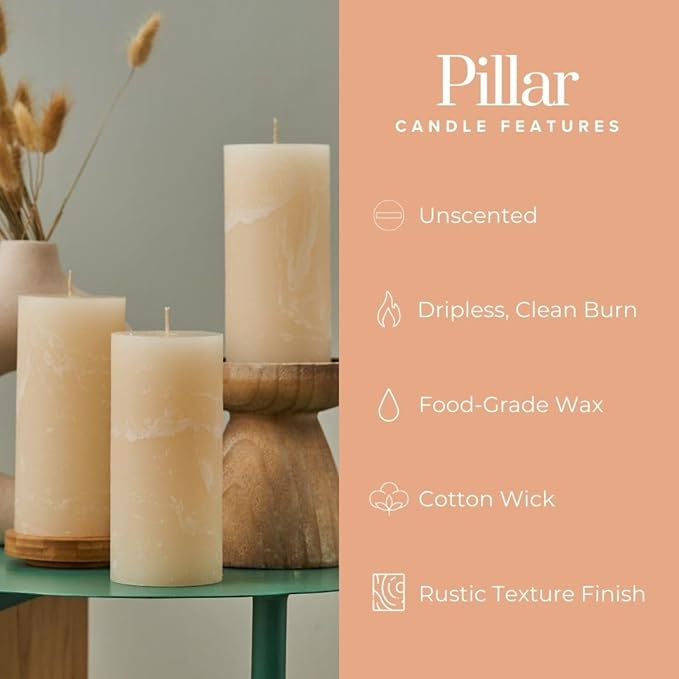 Simply Soson 3x6 inch Ivory Pillar Candles Set of 3, Rustic Texture, Unscented Ivory Candles, Dripless Candles, 3 inch Pillar Candles Ideal as Wedding, Parties, Spas, Dinner, Home Decoration, Church
