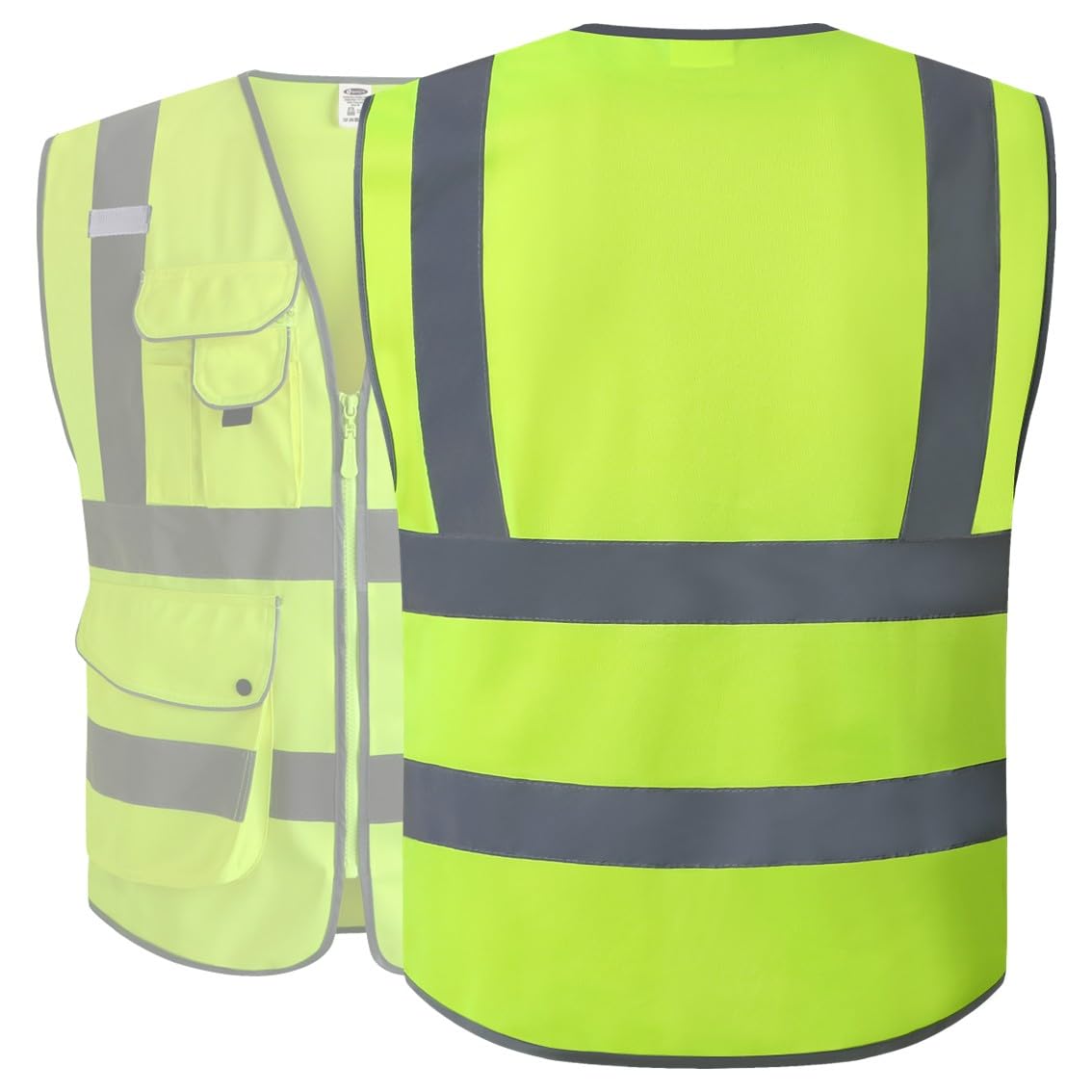 JKSafety 20 Pack 9 Pockets Class 2 High Visibility Zipper Front Safety Vest With Reflective Strips,Meets ANSI/ISEA Standard (Medium, 156-Yellow)