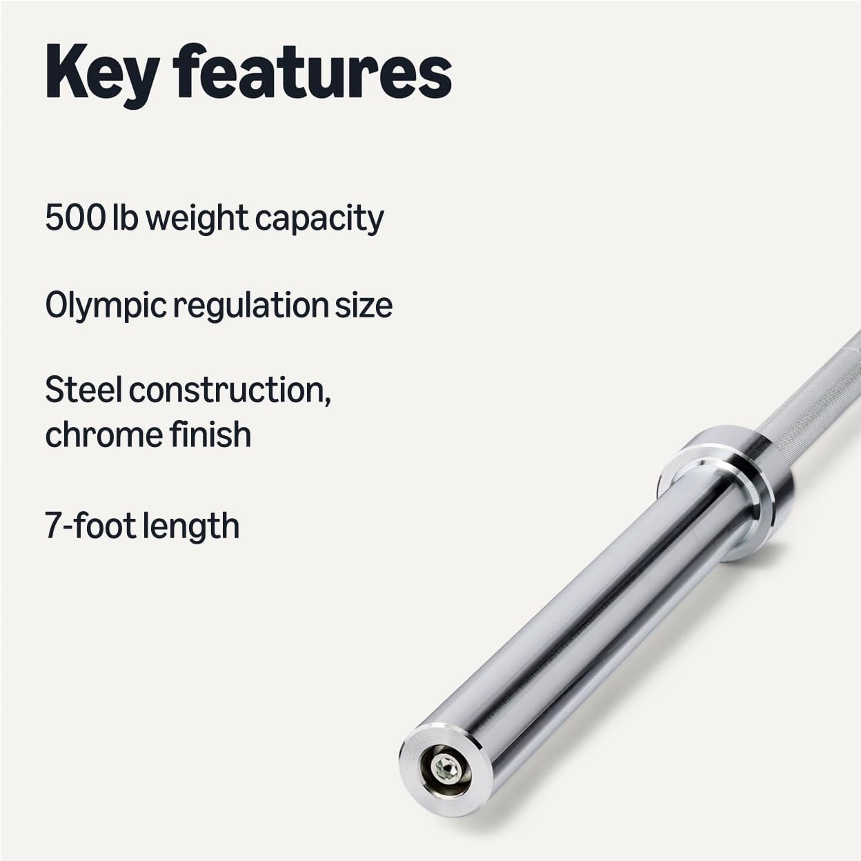 Amazon Basics 7ft Olympic Barbell Bar, 2" Diameter, Chrome Finish, 500-Pound Capacity