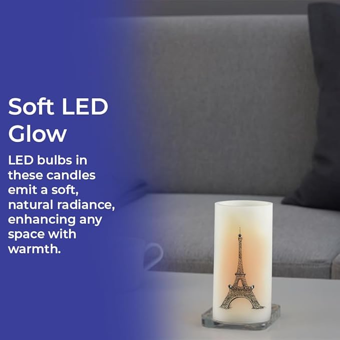 SAGEFINDS Eiffel Tower LED Candles, Set of 2, Flameless Real Wax Pillar Candles, Battery Operated, 6” x 3”