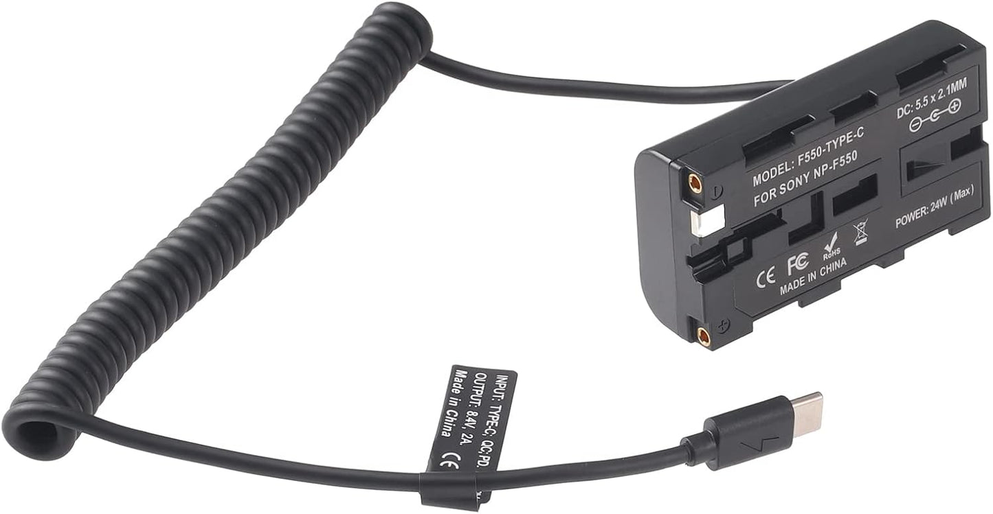 FocusFoto NP-F550 Dummy NP-F970 NP-F570 NP-F750 NP-F770 F960 F530 F330 USB-C to Battery Adapter Cable for Sony to Power