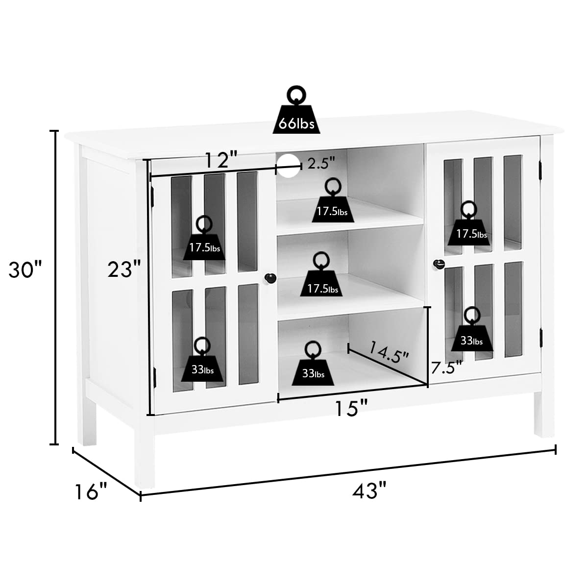 Tangkula White TV Stand, Modern Tall Entertainment Center for TVs up to 50", Media Console w/2 Storage Cabinets & 3 Open Shelves, Wire Hole, Wood TV Console Table for Living Room, White