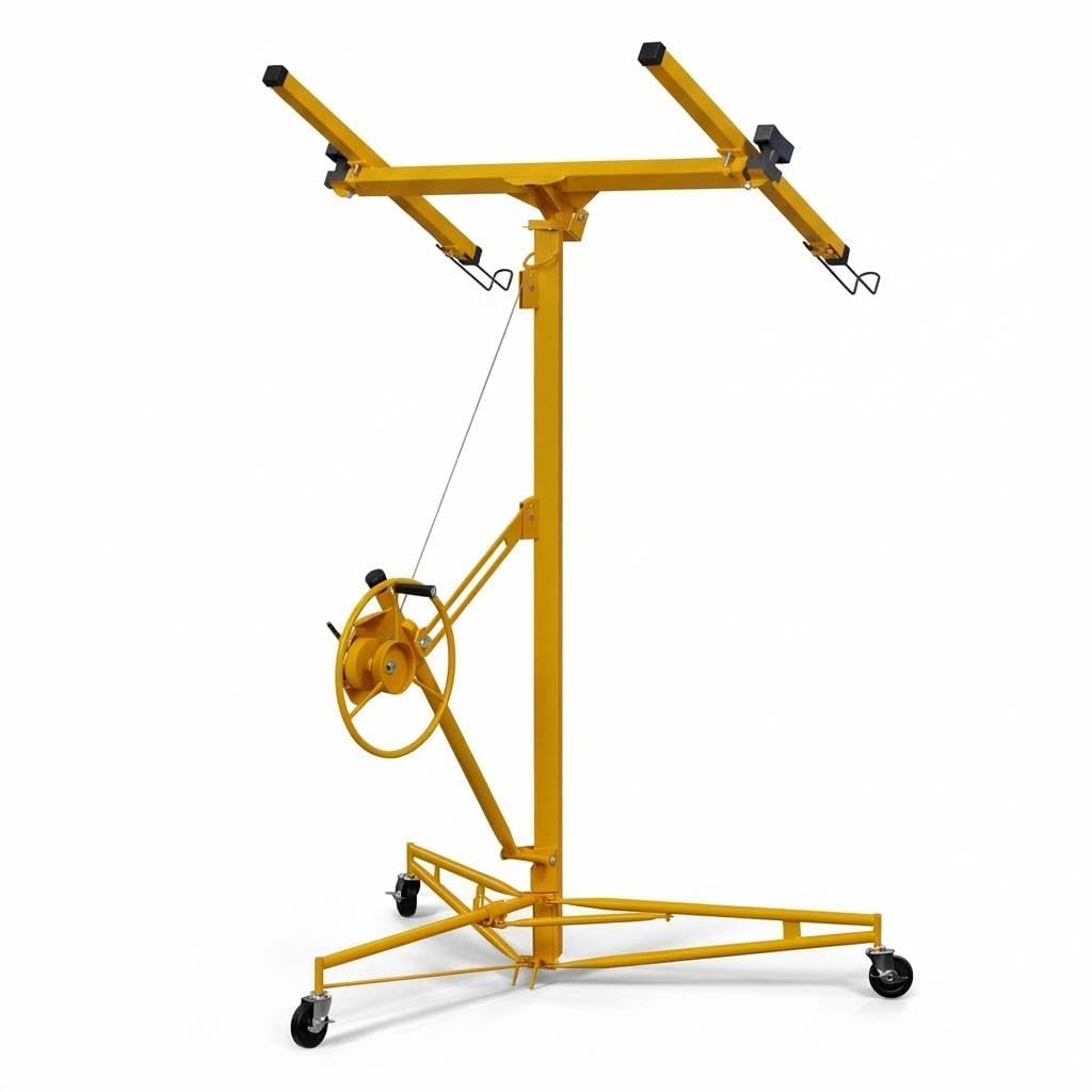 16 ft Drywall Lift, 150 LB Capacity, Heavy Duty Sheetrock Panel Hoist with Telescoping Arm, 360° Rotating & 60° Tilting Cradle, Adjustable Drywall Lifter for Ceilings & Walls, Yellow