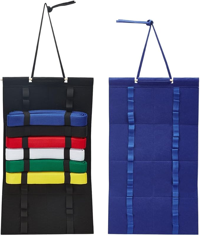 PLIGREAT 2 Pack Karate Belt Display Rack, 12 Belts Taekwondo Belts Display Felt Martial Arts Belt Organizer with Wood Frame for Martial Art Learners, Black & Blue