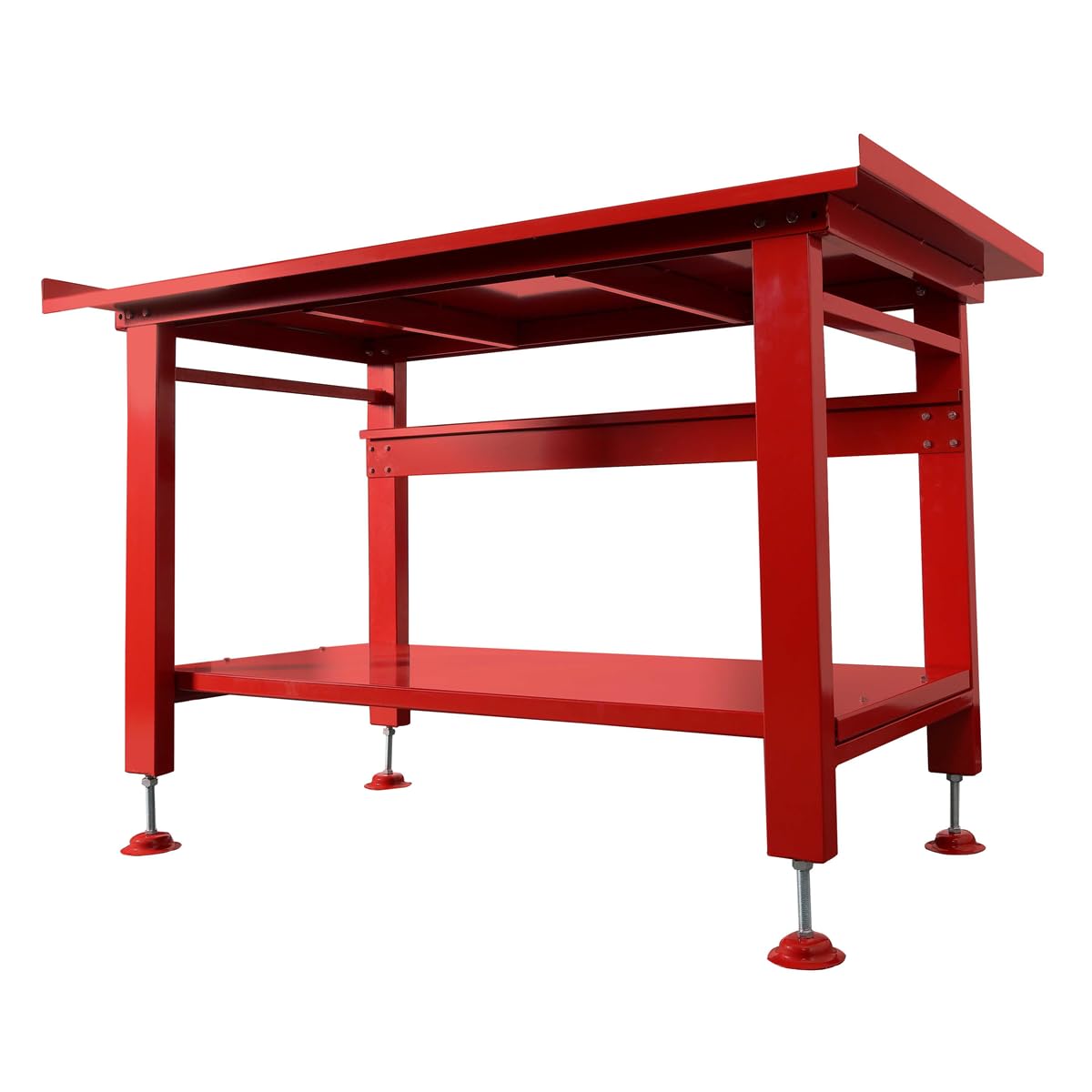 K Tool International 75111 60" x 34" Heavy Duty Work Table for Garages, Repair Shops and DIY, 1200 lb., 31" Height, Raised Edges, Bottom Shelf, Leveling Feet, 13 Gauge Steel, Powder Coated Finish, Red
