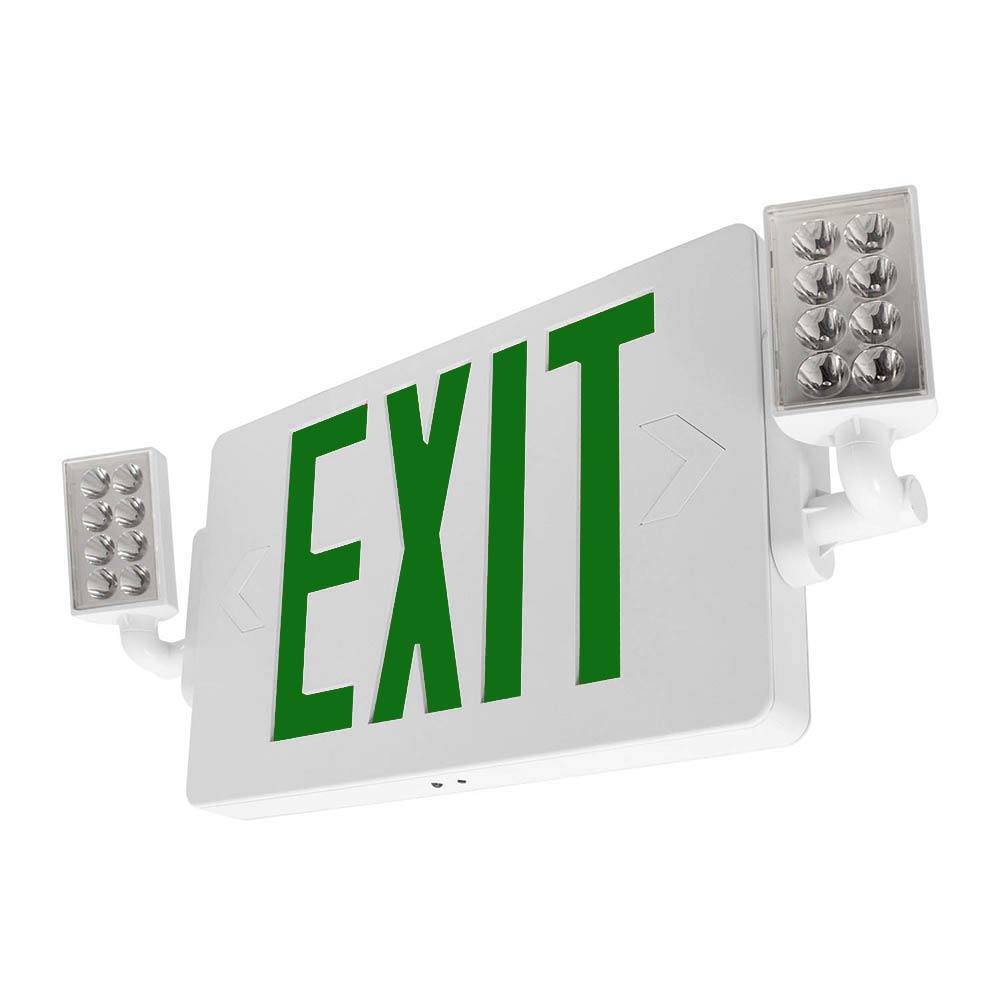 LFI Lights® Thin COMBO UL 924 Listed, Green LED, Exit Sign with Emergency Lights, White, 120-277VAC Hardwired with Battery Backup, Optional Double Face and Knock Out Arrows COMBOTGWBB 2 Pack