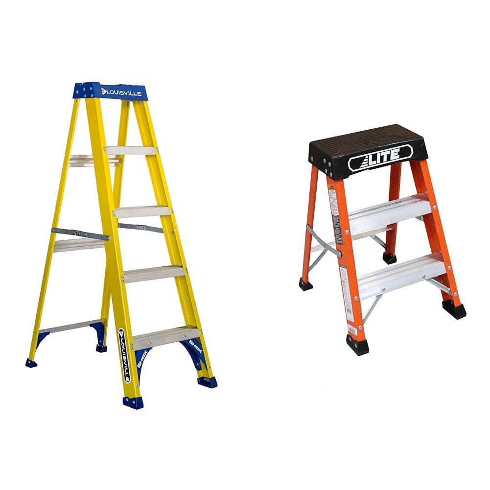 Louisville Ladder FS2005 Fiberglass Step Ladder, 5-Feet/250lb, Yellow & LITE 2' Fiberglass Step Stool Ladder, 300-Pound Capacity, Type IA, LP-3011-02