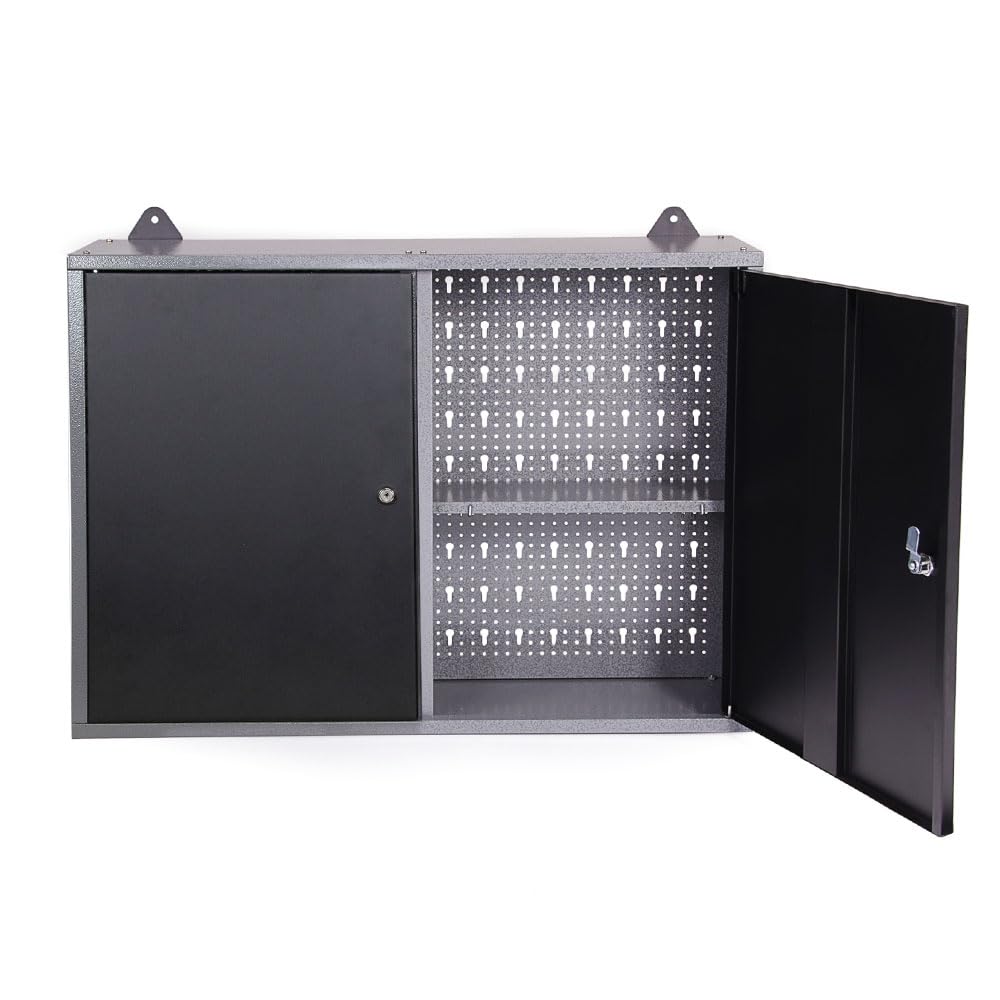 JZD Metal Wall Mounted Tool Cabinet with Lockable Doors, for Garage Basement Workshop, Black & Grey