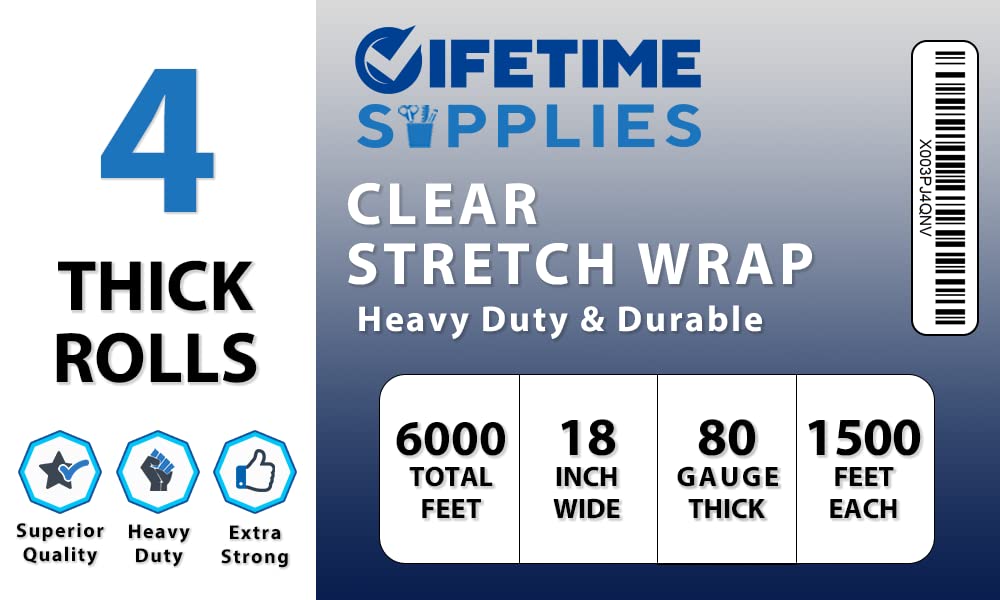 4 Rolls x 18" x 1500 Feet x 80 Gauge Clear Commercial Grade Heavy Duty Plastic Stretch Film Shrink Wrap | Industrial Strength Durable | Shipping Moving Packing Logistics | Holder Included