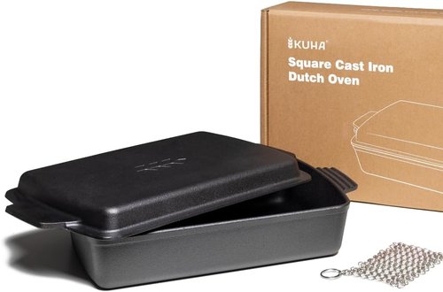KUHA Square Cast Iron Dutch Oven 2-in-1 - Pre-Seasoned Cookware with Skillet Lid & Casserole Dish - 13" x 9", 6 QT