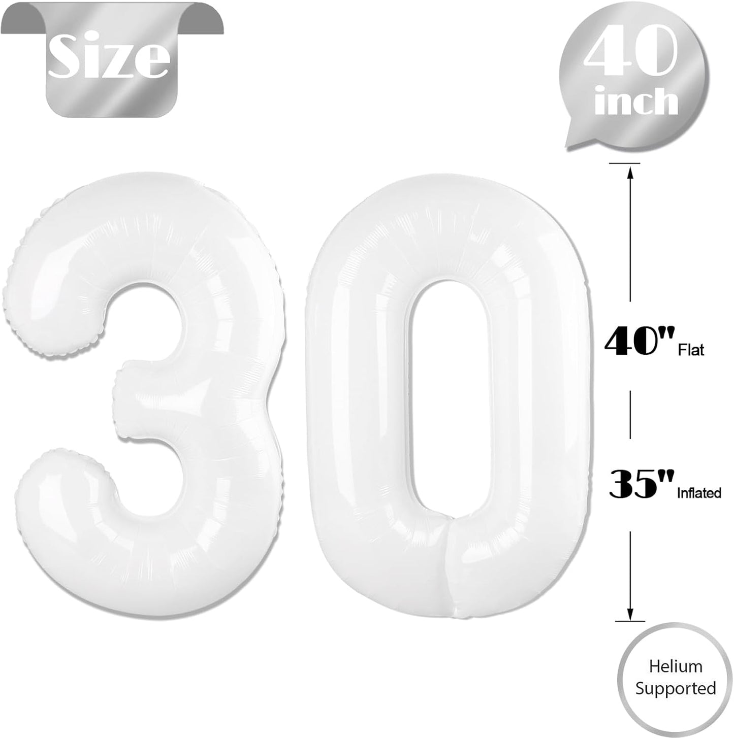 Translucent White Number 30 Balloon - 40 Inch 30th Birthday Decorations for Men & Women