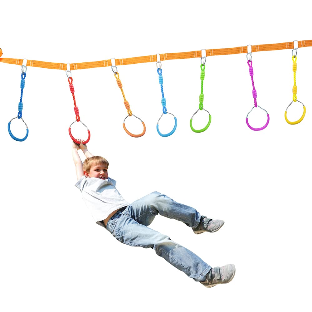 7 Colorful Ninja Ring Fitness Gymnastic Ring Outdoor Backyard Playground Training Equipment Play Set, Funny Jungle Gym Fist Hanging Swing Monkey Bars Ninja Warrior Obstacle Course Trapeze Accessories