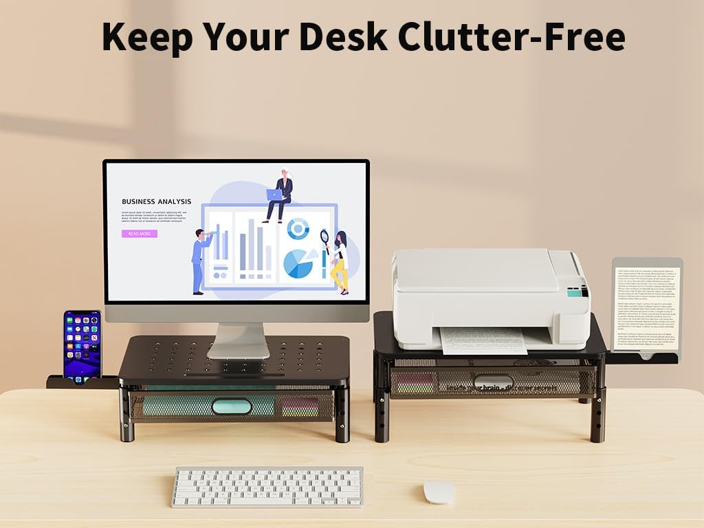 Zimilar Monitor Stand Riser with Metal Mesh Drawer, Height Adjustable with Phone Holder for Computer, Laptop, Printer