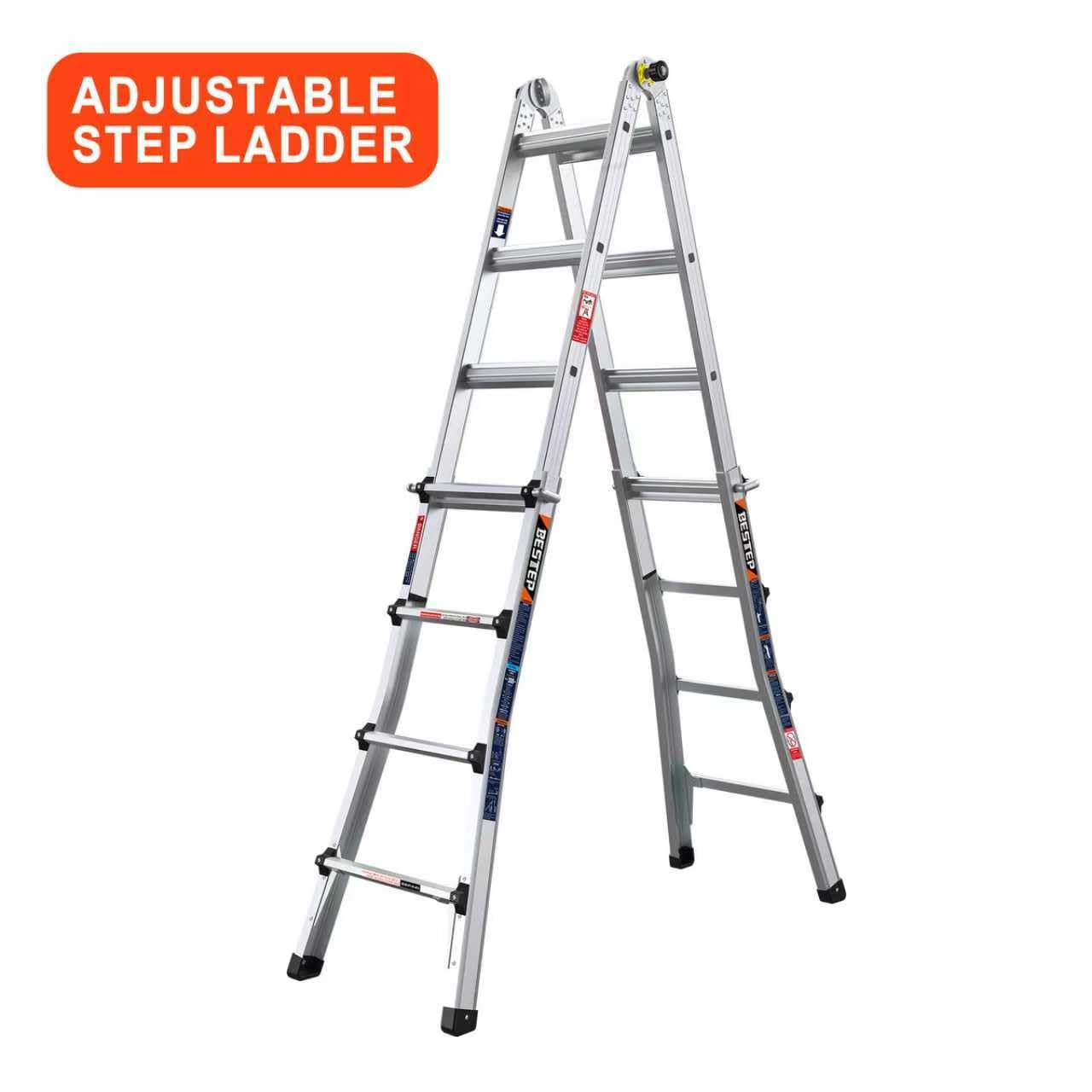 BESTEP 15FT Adjustable Folding Multi-Position Ladder,A Frame 4-Step Anti-Slip Ladder with Aluminum Joint,Silver,ANSI Type 1A, 300 lbs Load Capacity,Welding Construction (YQGNT-4540)