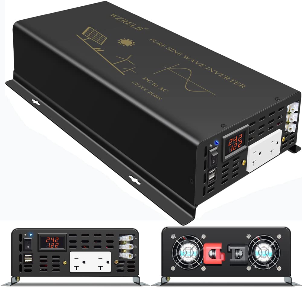 WZRELB Pure Sine Wave Power Inverter 5000Watts 24VDC to 120VAC 10KW Peak Dual AC Outlets 2× 2.4A USB Port &Hardwire Terminal Off-Grid Solar Converter RV Trucks