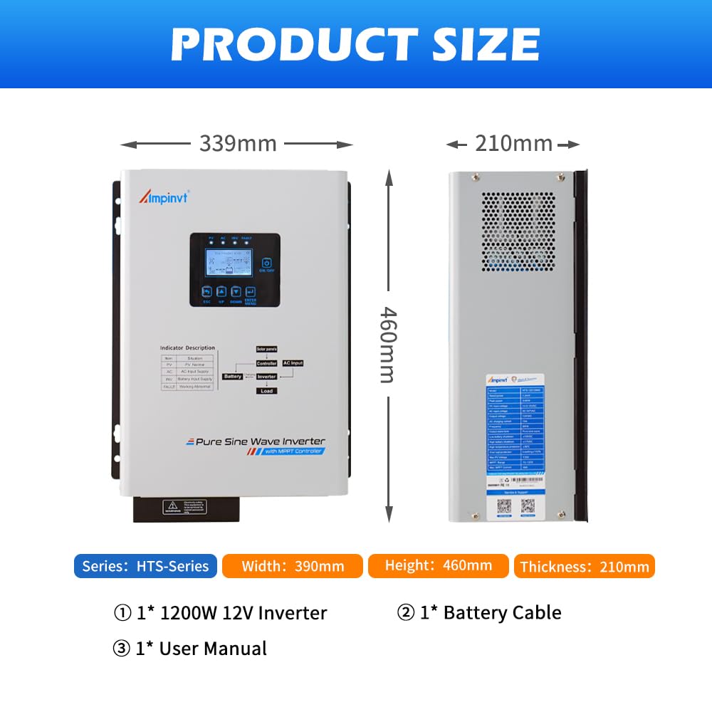Ampinvt 1200W Pure sine Wave Solar Inverter 12V DC to 120V AC for Home Backup,Off-Grid Living,Built-in 40A MPPT Solar Controller,Solar & AC Input Charger,Compatible with Lifepo4 Battery
