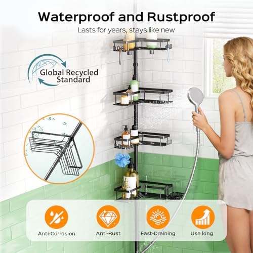 HAMITOR Shower Caddy Tension Pole - 4-Tier Rustproof Bathroom Organizer | Adjustable No-Drill Shelf - 47-123 Inch
