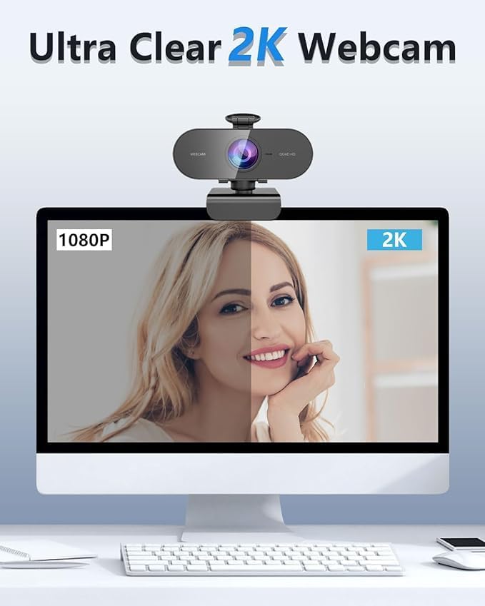QMKKX 2K Webcam for pc with Microphone,Privacy Cover Slider Streaming Web cam for Mac Laptop,USB External Computer