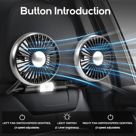 2025 3-Speed 360 Dealswin Car Fan for Backseat Kids, Upgraded Dual-Head Car Seat Fans with LED Lights, and Rotatable