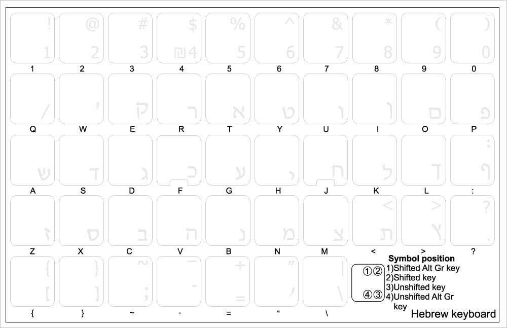 4Keyboard Hebrew Keyboard Stickers with White Lettering ON Transparent Background