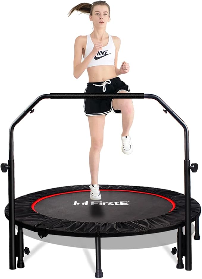 FirstE Mini Fitness Trampoline for Adults, Foldable Exercise Trampoline with Adjustable Foam Handle, Rebounder Trampoline for Bounce Workout Indoor/Garden