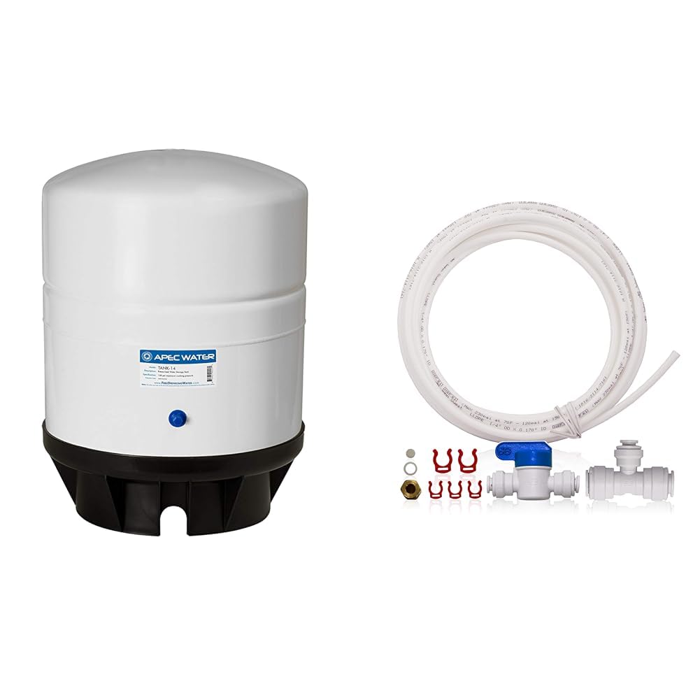 APEC Water Systems TANK-14 14 Gallon Pre-pressurized Reverse Osmosis Water Storage Tank, White & ICEMAKER-KIT-38-14-RO-A Ice Maker Installation Kit
