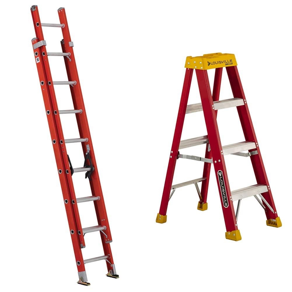Louisville Ladder FE3216 Fiberglass Extension Ladder 300-Pound Capacity, 16-foot, Type IA, Orange and Louisville Ladder L-3016-04 Step Stepladder, 4-Feet Bundle