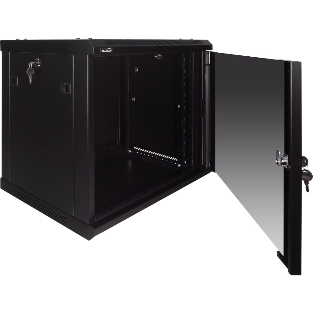 NavePoint 9U Server Rack Enclosure - 17.7” Deep, Wall Mount Network Cabinet with Locking Glass Door for 19” IT Equipment, Network Rack with 2 Fans, Removable Side Panels, Black