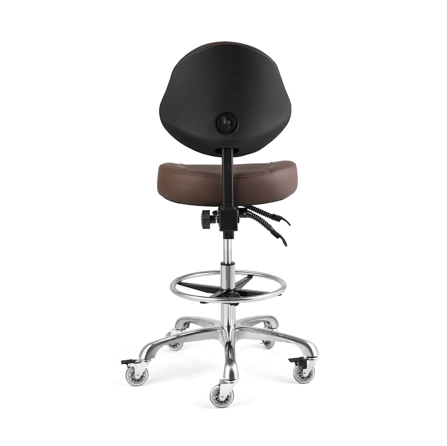 McDooFly Rolling Drafting Chair with Back Support - Tall Office Chair for Standing Desk Adjustable Foot Ring Swivel Rolling Stools for Workshop Art Studio Salon Shop Counter Home Office (Brown)