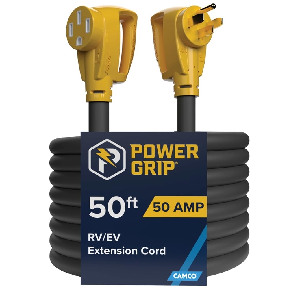Camco Power Grip 50-Ft 50 Amp RV Extension Cord - Rated for 125/250 V/12,500 W - Features Copper 6/3 + 8/1-Gauge Wires for Superior Conductivity & Coated w/Heat-Resilient PVC (55199)