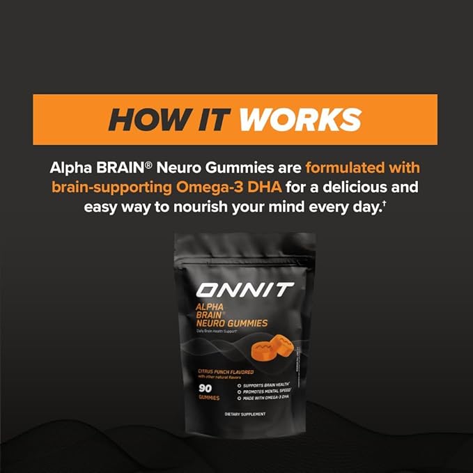 ONNIT Alpha Brain Neuro Focus Gummies - Vegan Gummies with Omega-3s, Lutein, Zeaxanthin & Caffeine - Brain, Eye & Focus Supplement for Men & Women?? Citrus Punch Flavor, 90 Count