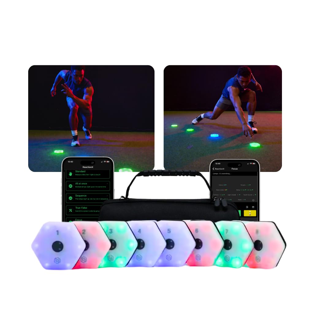 Sports Reaction Agility Lights Training Kit Improves Reaction Time & Agility for Athletes, Physical Therapists & Fitness Trainers Sports. Free App (8 Pods Reaction Lights)