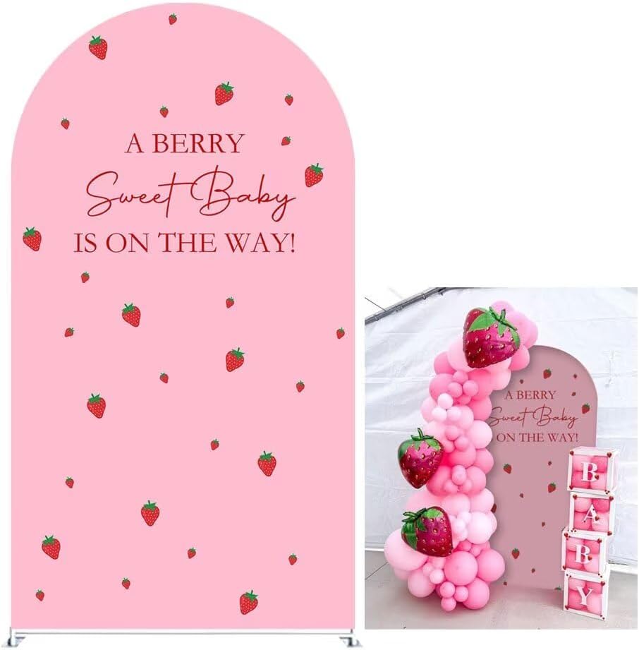 KONPON A Berry Sweet Baby is ON The Way! Pink Arched Backdrop Cover Strawberry Theme Stretchy Arched Stand Covers