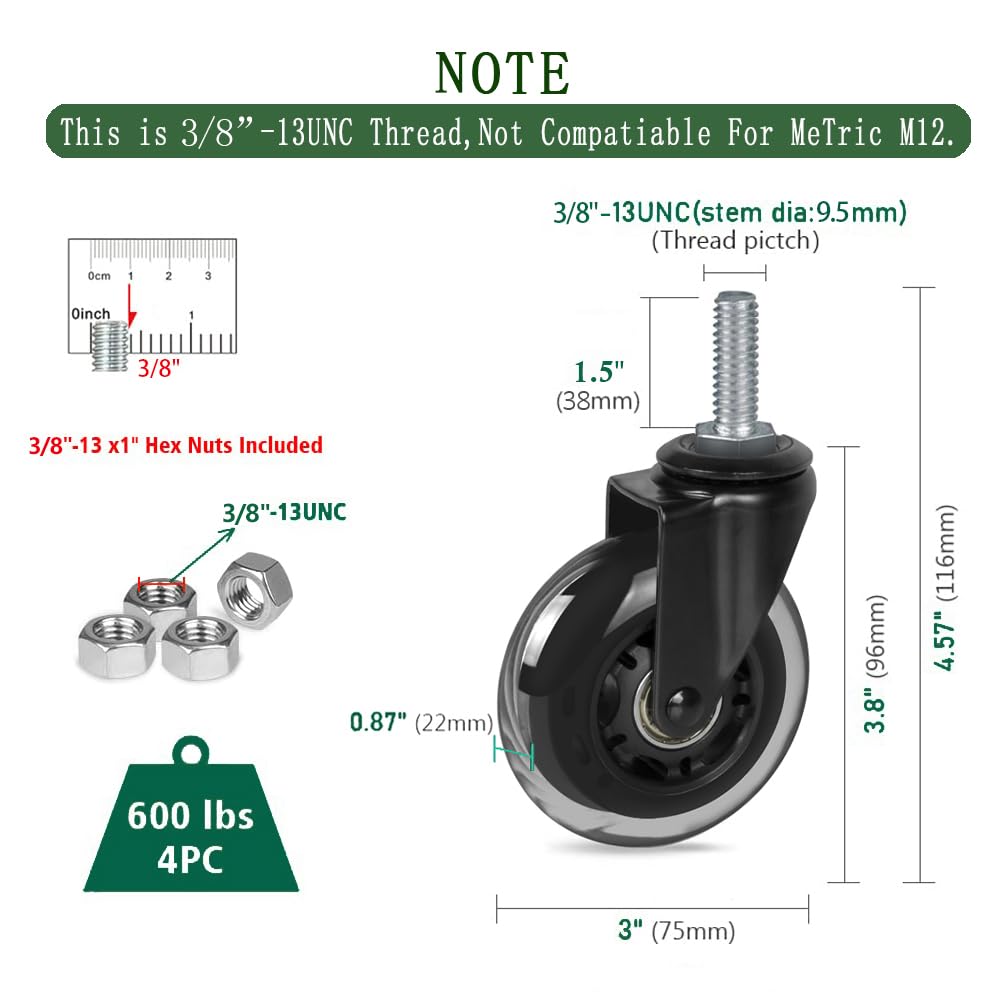 8T8 3" Rubber Caster Wheels Heavy Duty with 3/8"-16 x 1-1/2" Threaded Stem Casters Set of 4 (Screw Diameter 3/8", Length 1.5"), Quiet and Smooth Rolling Castors for Furniture Hardwood Floors