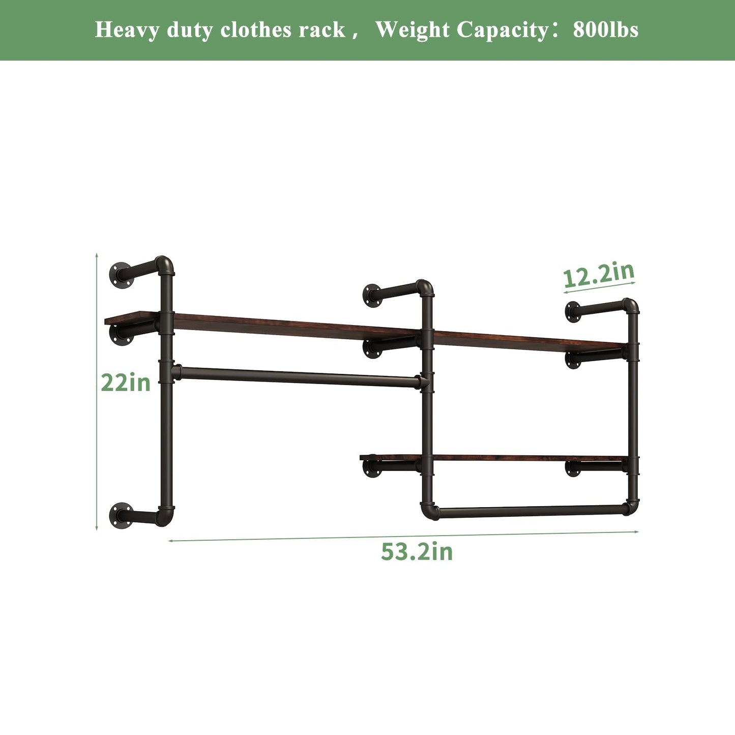 EDCB Industrial Pipe Clothing Rack Wall Mounted - Heavy Duty 2-Tier Closet Organizer with Wood Shelves & Dual Hanging Rods for Bedroom/Retail Store