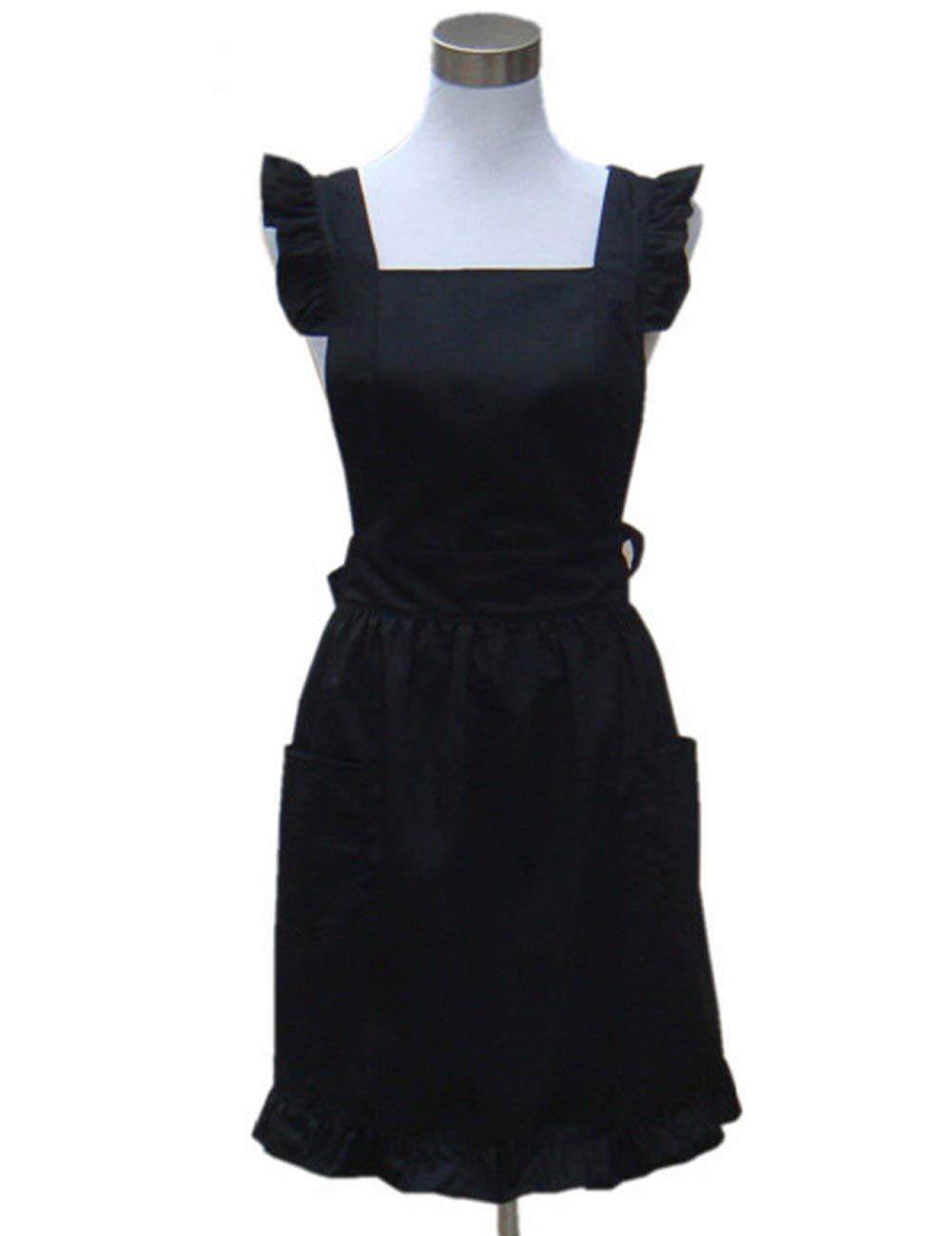 Hyzrz Lovely Retro Lady's Aprons for Women Girls Cake Kitchen Fashion Cooking Apron Chic with Pockets for Gift Chic 100% Cotton (Black)