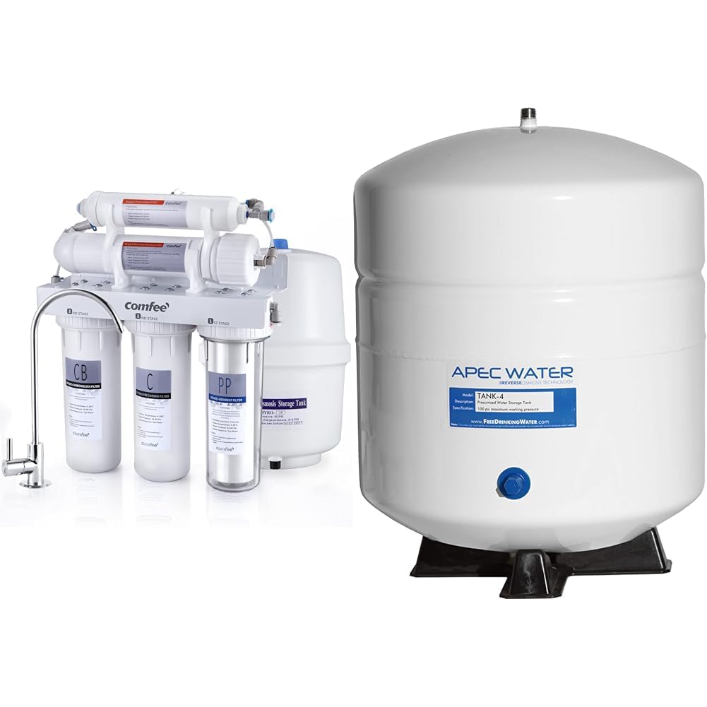 COMFEE’ 5-Stage Reverse Osmosis System, NSF Certified Water Filte & APEC Water Systems Tank-4 4 Gallon Residential Pre-Pressurized Reverse Osmosis Water Storage Tank