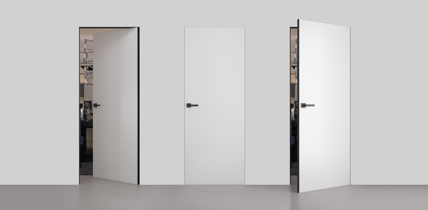 SARTODOORS Interior Invisible Solid Hidden Door with Handle | Planum 0010 Primed with Black Hidden Frame 32" x 80" Right-Hand Inswing | Concealed Hinges Lock Handle | Modern Wood Frameless Doors