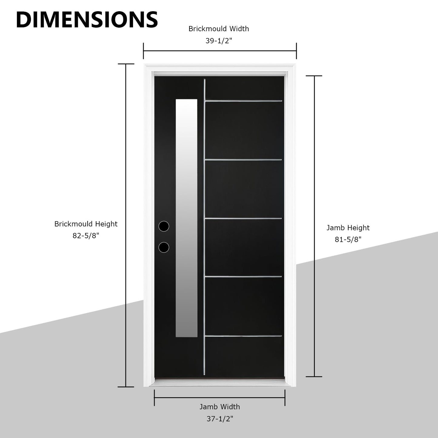 36" x 80" Modern Fiberglass Exterior Door with Frosted Glass, Painted Line Detail, Black Brushed Finish, Right-Hand Inswing