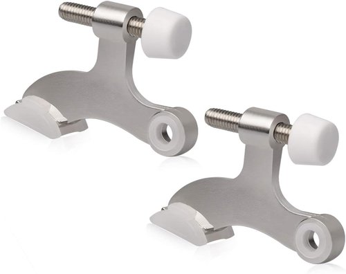 Hinge Pin Door Stopper - Adjustable Heavy-Duty Brushed Satin Nickel | 2-Pack with White Rubber Bumpers