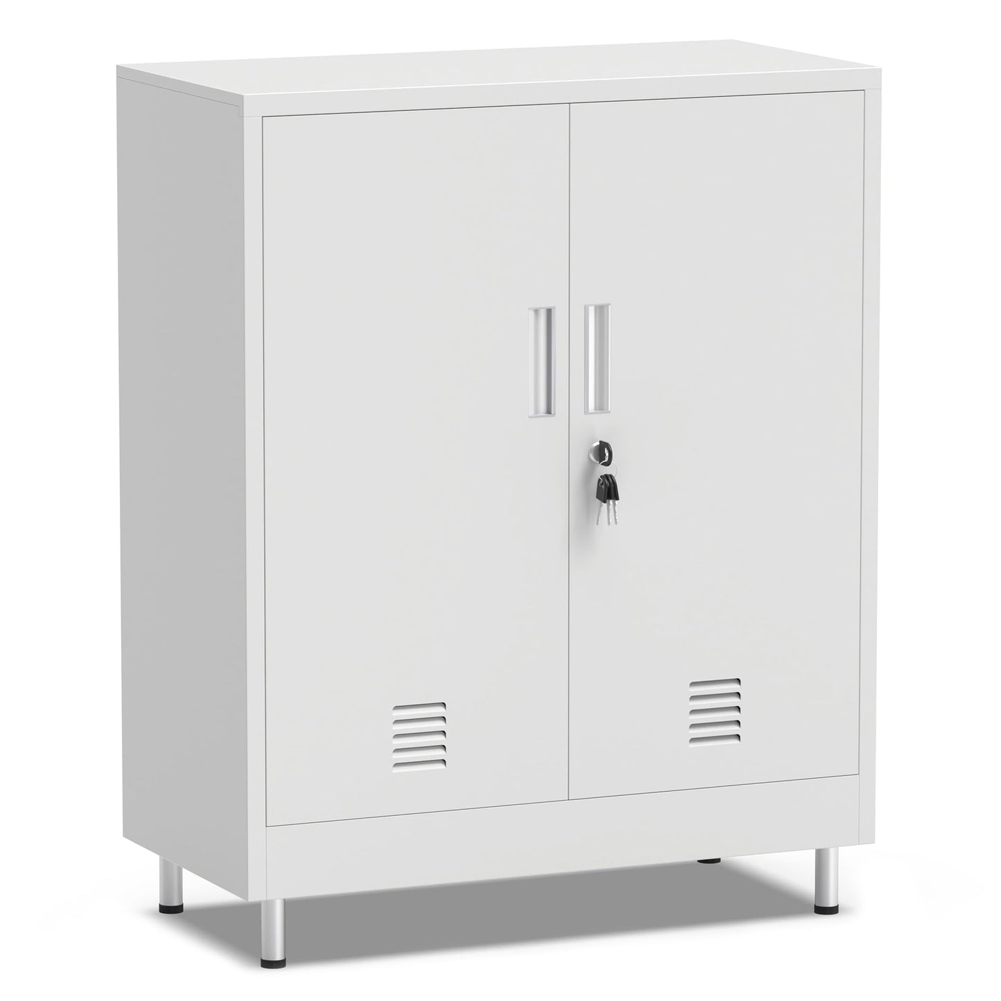 JINGUR Metal Storage Cabinet with Locking Doors and 2 Adjustable Shelves, Lockable Storage Cabinet for Home Office Garage Pantry Living Room (White)