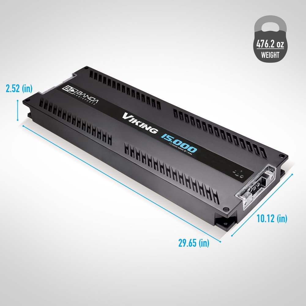 Banda Audioparts Viking 15000 Car Audio Amplifier Mono Block 1 Channel 15000W RMS 1 Ohm Stable High Power Aluminum Chassis Subwoofer Woofer Car Audio Amp